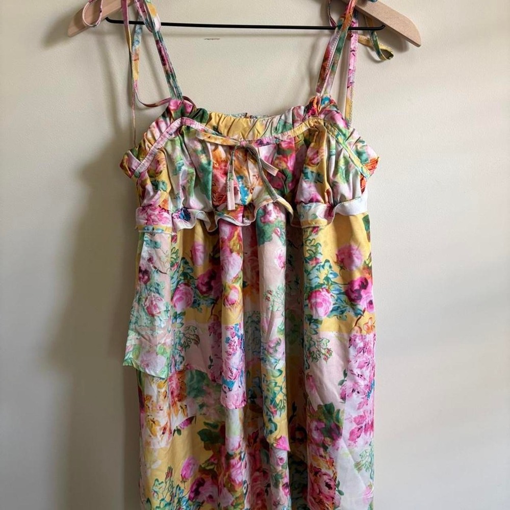 Floral Patchwork Mini Dress Yellow Pink Rose Ruffle Tie Strap Size S